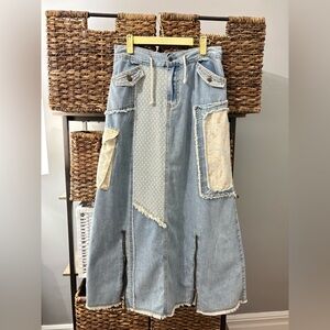 Gorgeous patchwork POL Light Blue Denim Skirt with White Accents